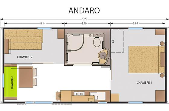 Mobil-home PMR 4 personnes 2 chambres au Camping Loire et Châteaux à Bréhémont en Indre et Loire proche de Tours et Saumur, près des châteaux de La Loire